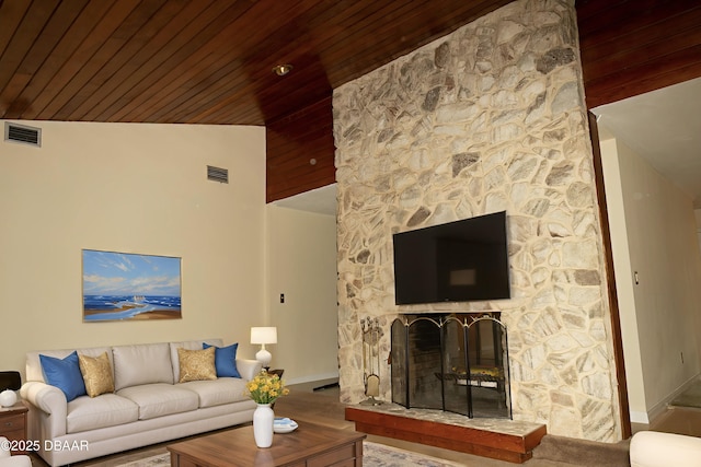 829 N Beach St, Ormond Beach, FL 32174 - living room featuring wooden ceiling and a stone fireplace