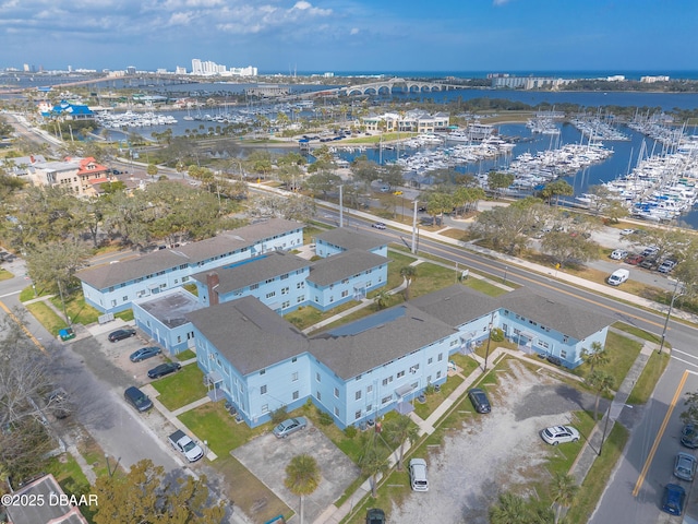 aerial view featuring a water view