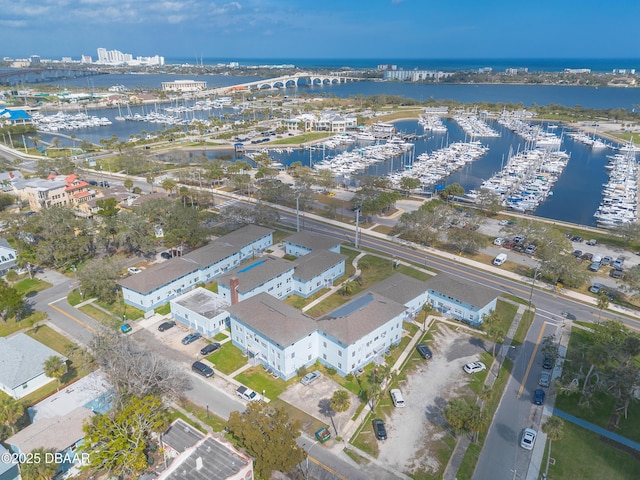 aerial view featuring a water view