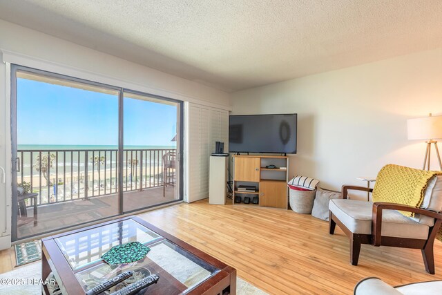 living area with a textured ceiling and wood finished floors