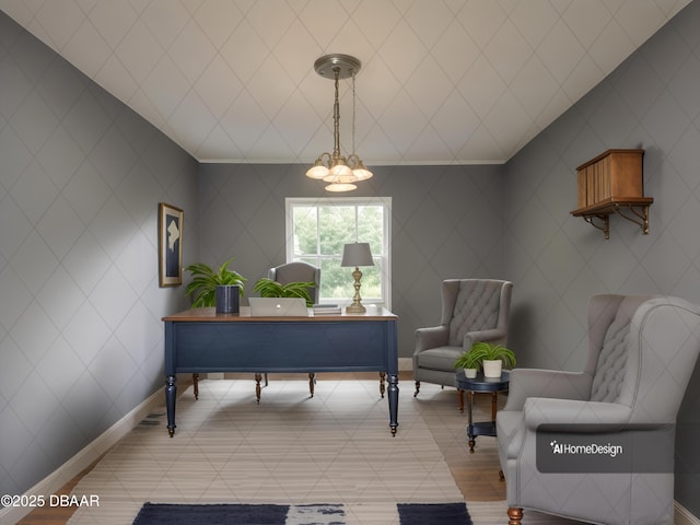 tiled office space featuring crown molding