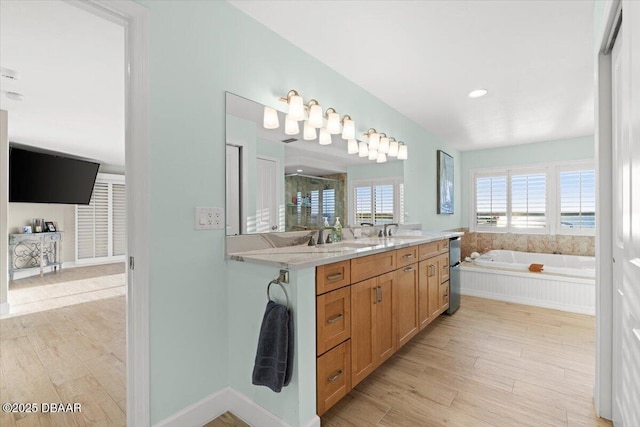 bathroom featuring shower with separate bathtub, wood-type flooring, and vanity