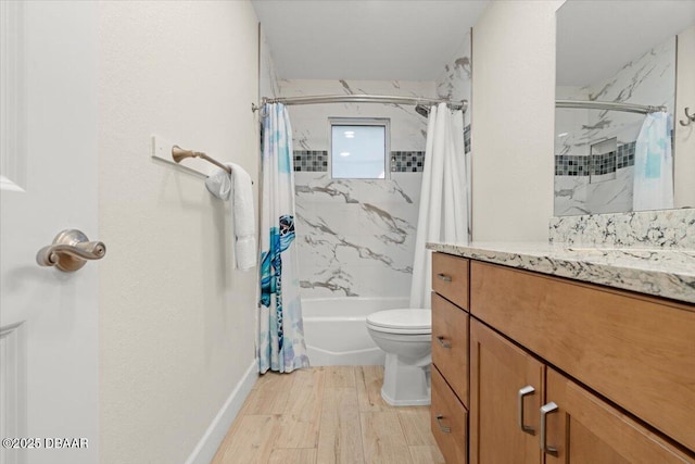 full bathroom with toilet, shower / tub combo, wood-type flooring, and vanity