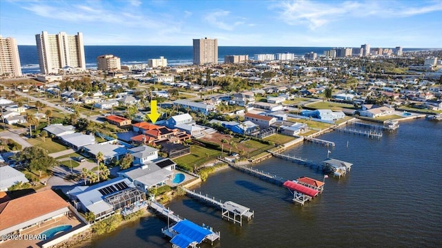 bird's eye view with a water view