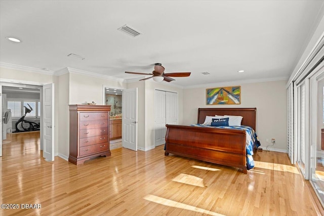 bedroom featuring ceiling fan, a closet, ornamental molding, and light hardwood / wood-style flooring