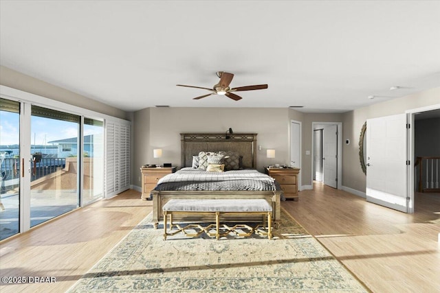 bedroom featuring access to outside, ceiling fan, and light hardwood / wood-style floors