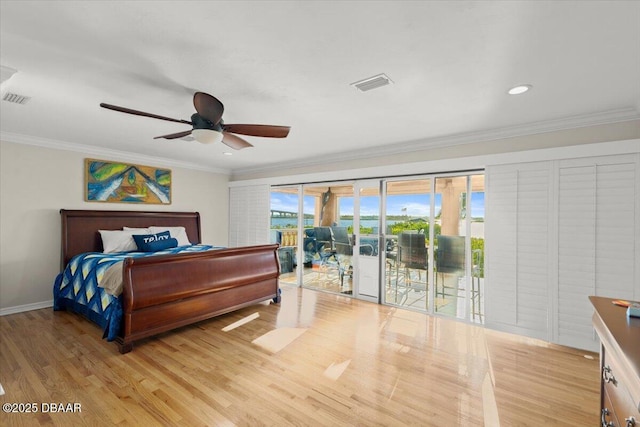 bedroom with access to outside, ceiling fan, ornamental molding, and light hardwood / wood-style floors