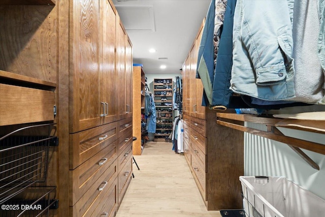 walk in closet with light hardwood / wood-style flooring