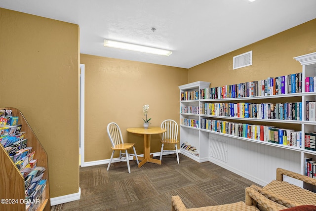 sitting room with dark colored carpet