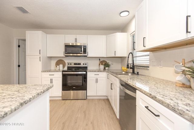 kitchen featuring sink, white cabinets, stainless steel appliances, light stone countertops, and light hardwood / wood-style flooring