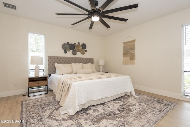 bedroom with ceiling fan and wood-type flooring