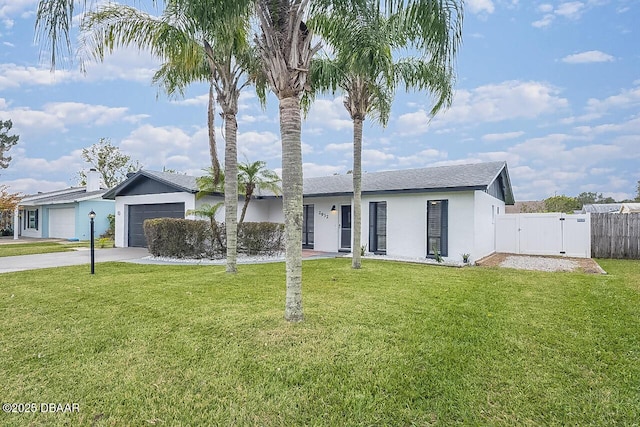 single story home with a garage and a front yard