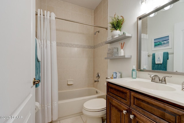 full bathroom featuring shower / tub combo with curtain, vanity, tile patterned floors, and toilet