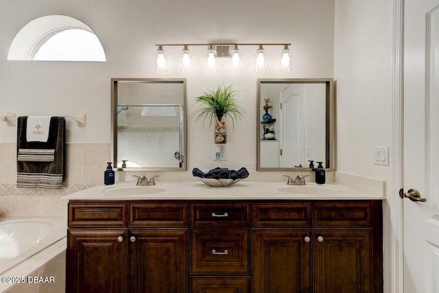 bathroom featuring vanity and plus walk in shower