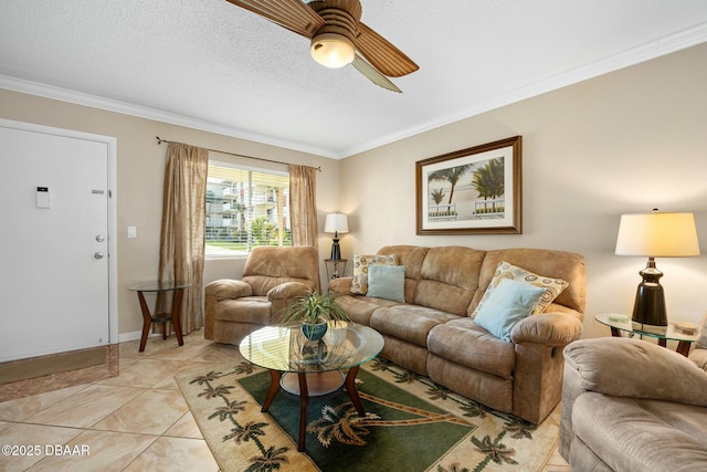 living room with light tile patterned floors, crown molding, a textured ceiling, and ceiling fan