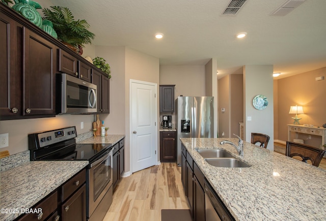 kitchen featuring visible vents, light stone counters, stainless steel appliances, dark brown cabinets, and a sink