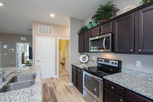 kitchen featuring visible vents, stainless steel appliances, dark brown cabinets, light wood-type flooring, and a sink