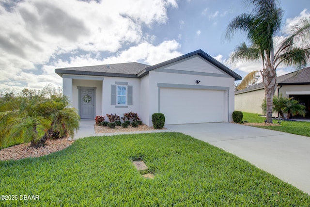 single story home featuring stucco siding, driveway, a front lawn, and an attached garage