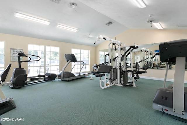 workout area with vaulted ceiling and ceiling fan