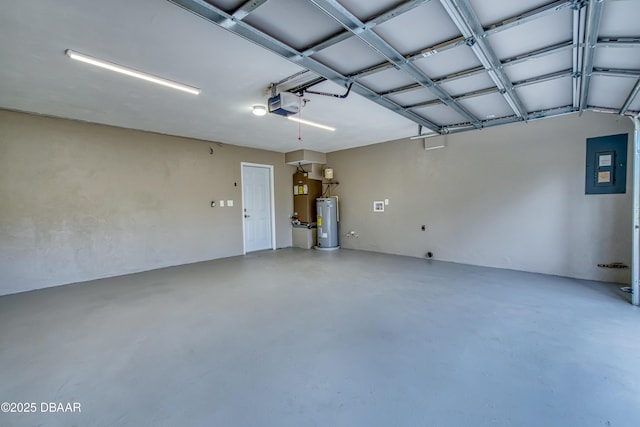 garage with water heater, electric panel, and a garage door opener