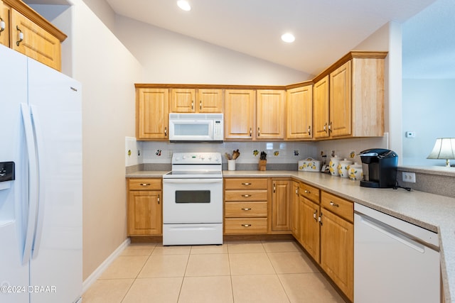 kitchen with decorative backsplash, light tile patterned floors, white appliances, and lofted ceiling