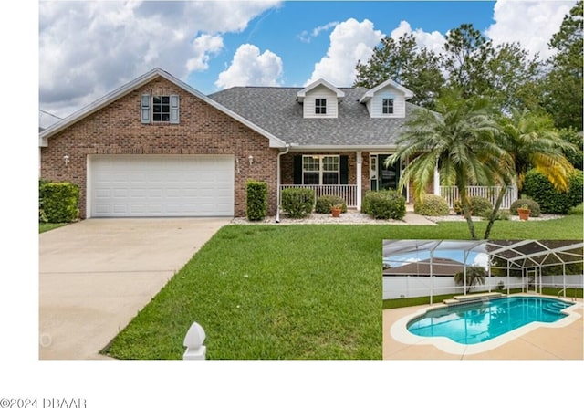 view of front facade with a front yard, a fenced in pool, and a garage