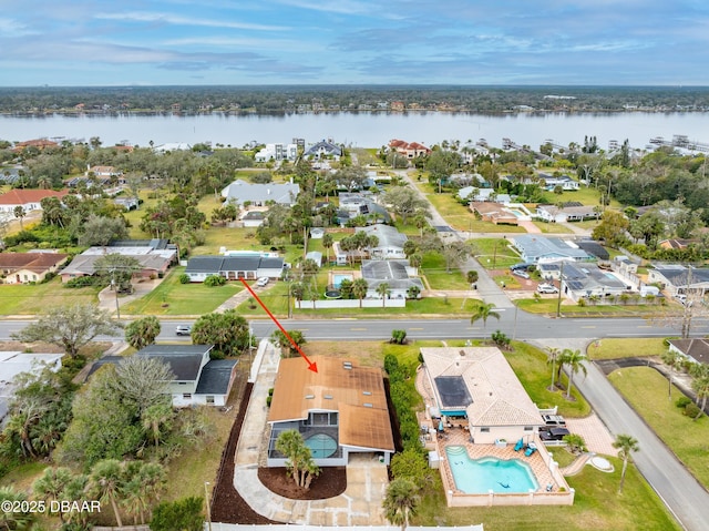 aerial view featuring a water view