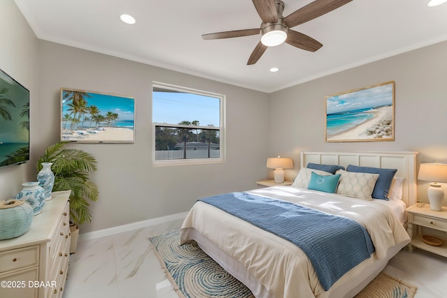 bedroom featuring ceiling fan and ornamental molding