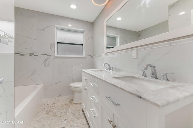 full bathroom featuring vanity, shower with separate bathtub, decorative backsplash, tile walls, and toilet