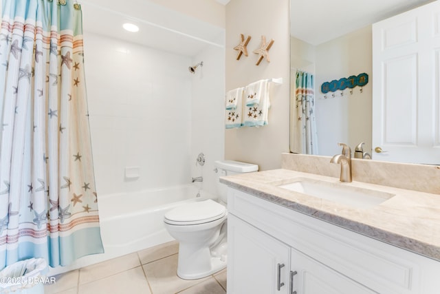 full bathroom with vanity, shower / bath combo, tile patterned floors, and toilet