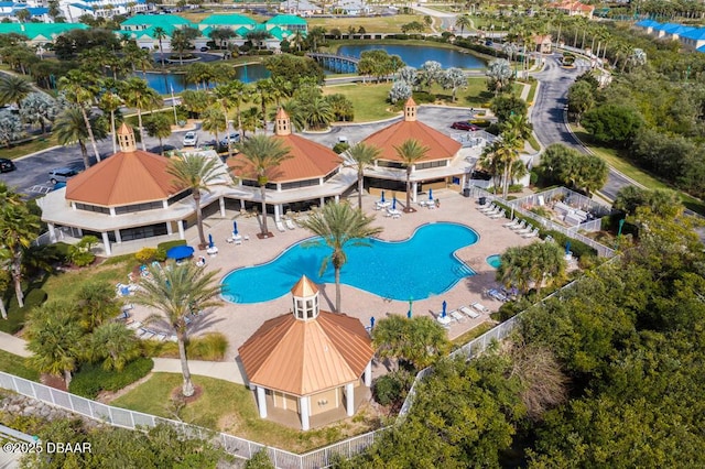 birds eye view of property featuring a water view