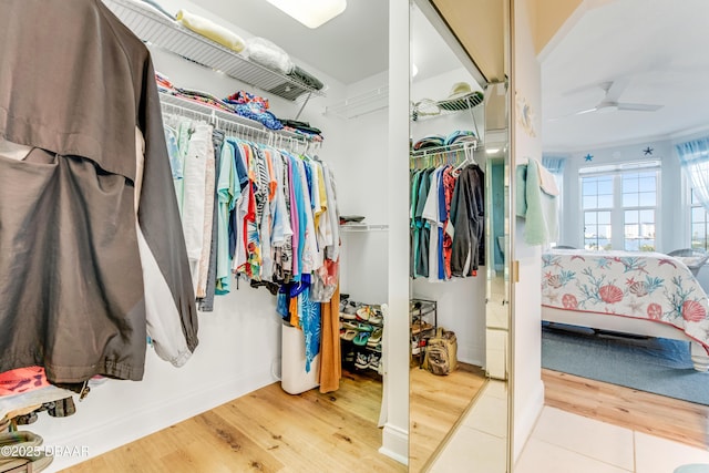 walk in closet with hardwood / wood-style floors and ceiling fan