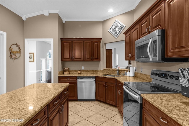 kitchen featuring appliances with stainless steel finishes, sink, light stone counters, and ornamental molding