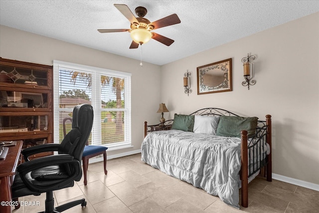 bedroom featuring a textured ceiling and ceiling fan