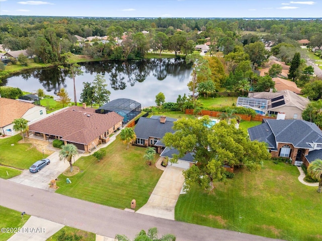 bird's eye view with a water view