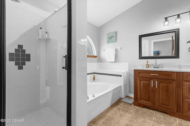 bathroom with independent shower and bath, tile patterned flooring, lofted ceiling, a textured ceiling, and vanity