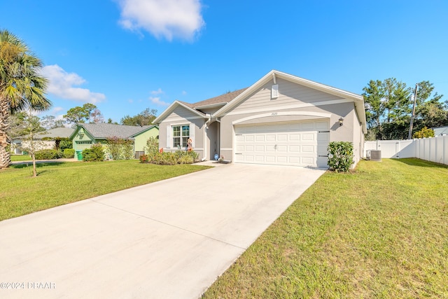 single story home with a garage, central air condition unit, and a front lawn