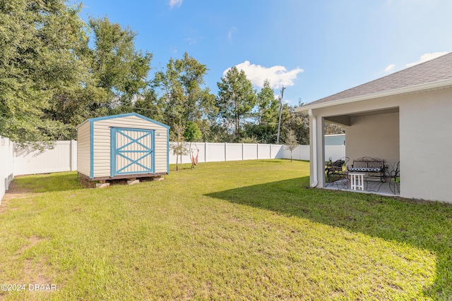 view of yard with a shed and a patio area