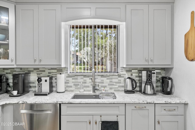 interior space featuring a sink, decorative backsplash, and stainless steel dishwasher