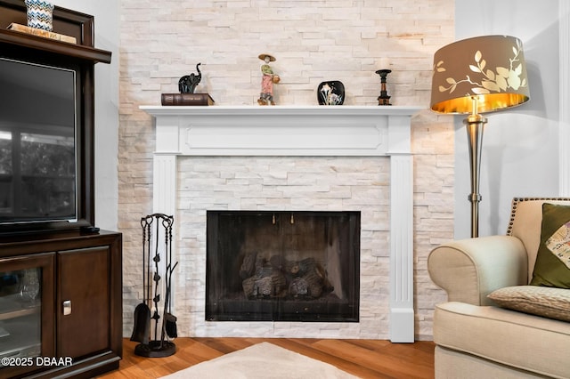 room details featuring a stone fireplace and wood finished floors