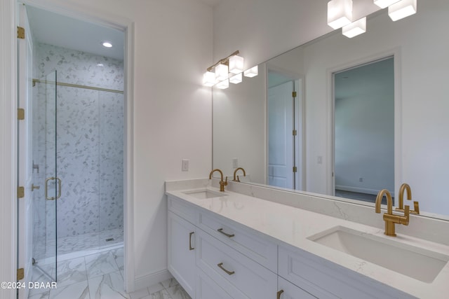 bathroom with an enclosed shower and vanity