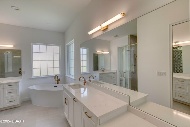 bathroom featuring vanity and plus walk in shower