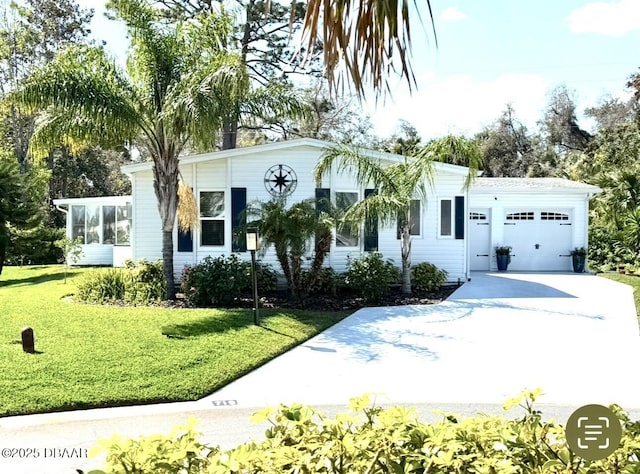 view of front of home with a garage, concrete driveway, a front yard, and a sunroom