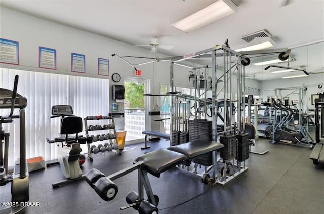 workout area featuring ceiling fan and visible vents