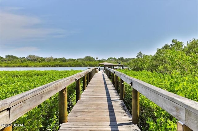 view of dock with a water view