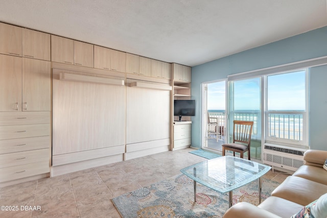 living room with a textured ceiling