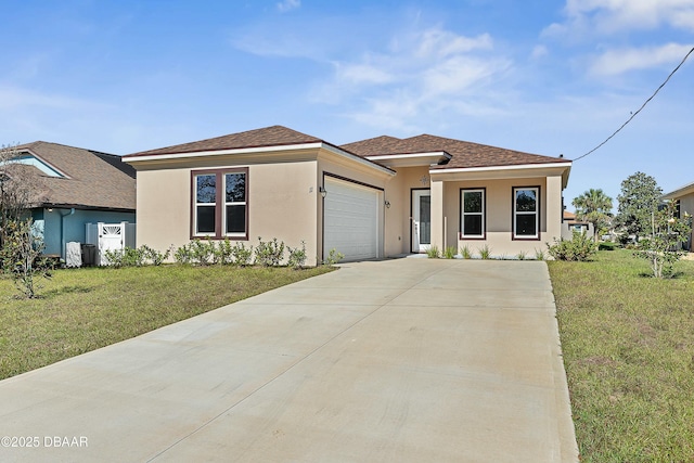 view of front facade featuring a garage, a front lawn, concrete driveway, and stucco siding