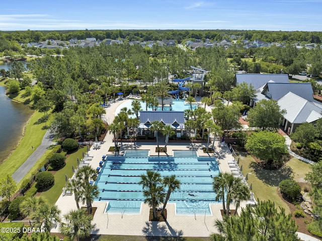 birds eye view of property featuring a water view