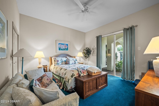 bedroom featuring dark carpet, ceiling fan, and access to exterior