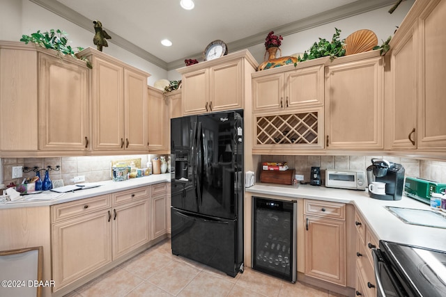 kitchen featuring wine cooler, ornamental molding, light tile patterned floors, black fridge with ice dispenser, and decorative backsplash